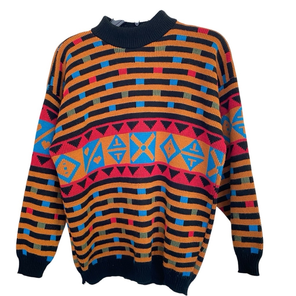 SPUNKY USA Vintage Acrylic Sweater Orange Red Black Blue Geometric 70's Women XL
